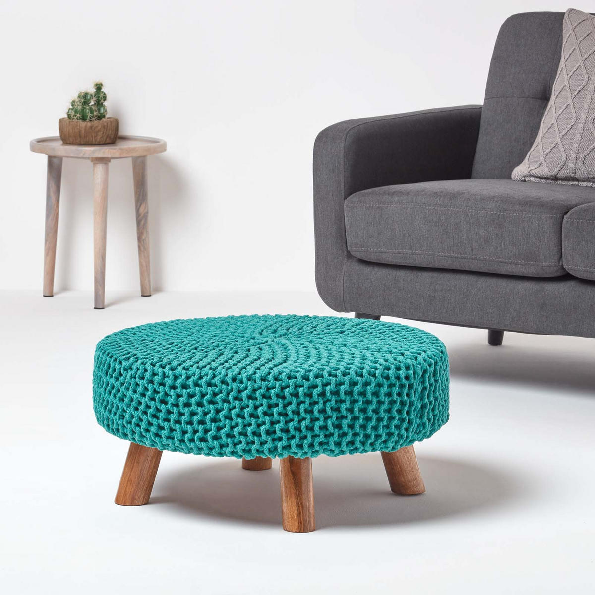 STRICK-HOCKER petrol-grün, rund 62/62/30 cm - Grün, Textil (62/30/62cm) - Homescapes