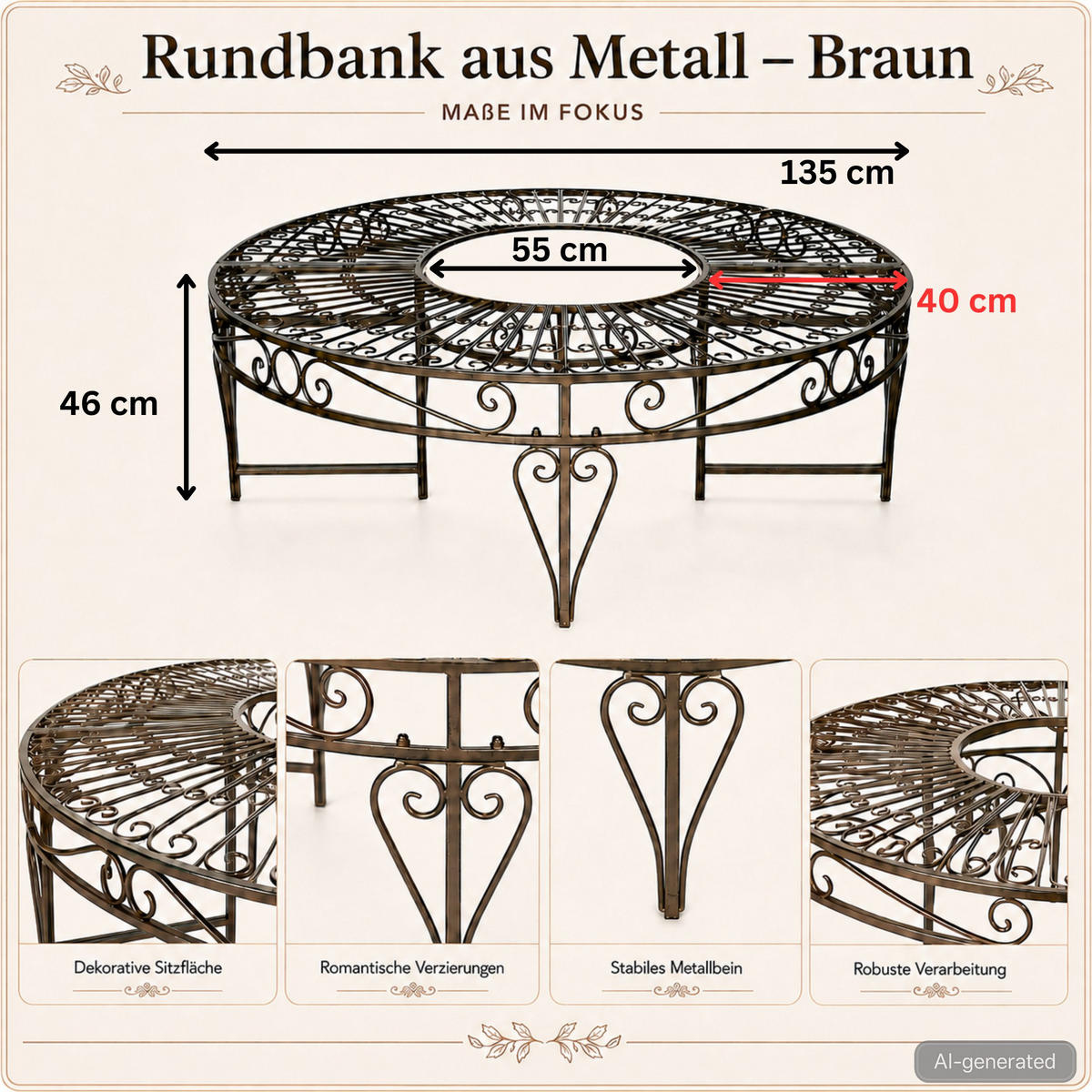 RUNDBANK Garten Metall Braun Ø 135 cm 96188 - Braun, Metall (135/46/135cm) - DanDiBo