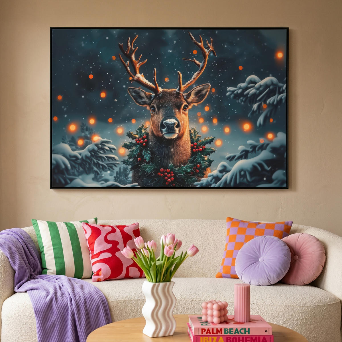 LEINWAND Bilder mit Rahmen - Hirsch - Weihnachten - Winter - Schnee - Weihnachtskranz - 120x80 - Dunkelbraun, Textil (120/80cm) - MuchoWow