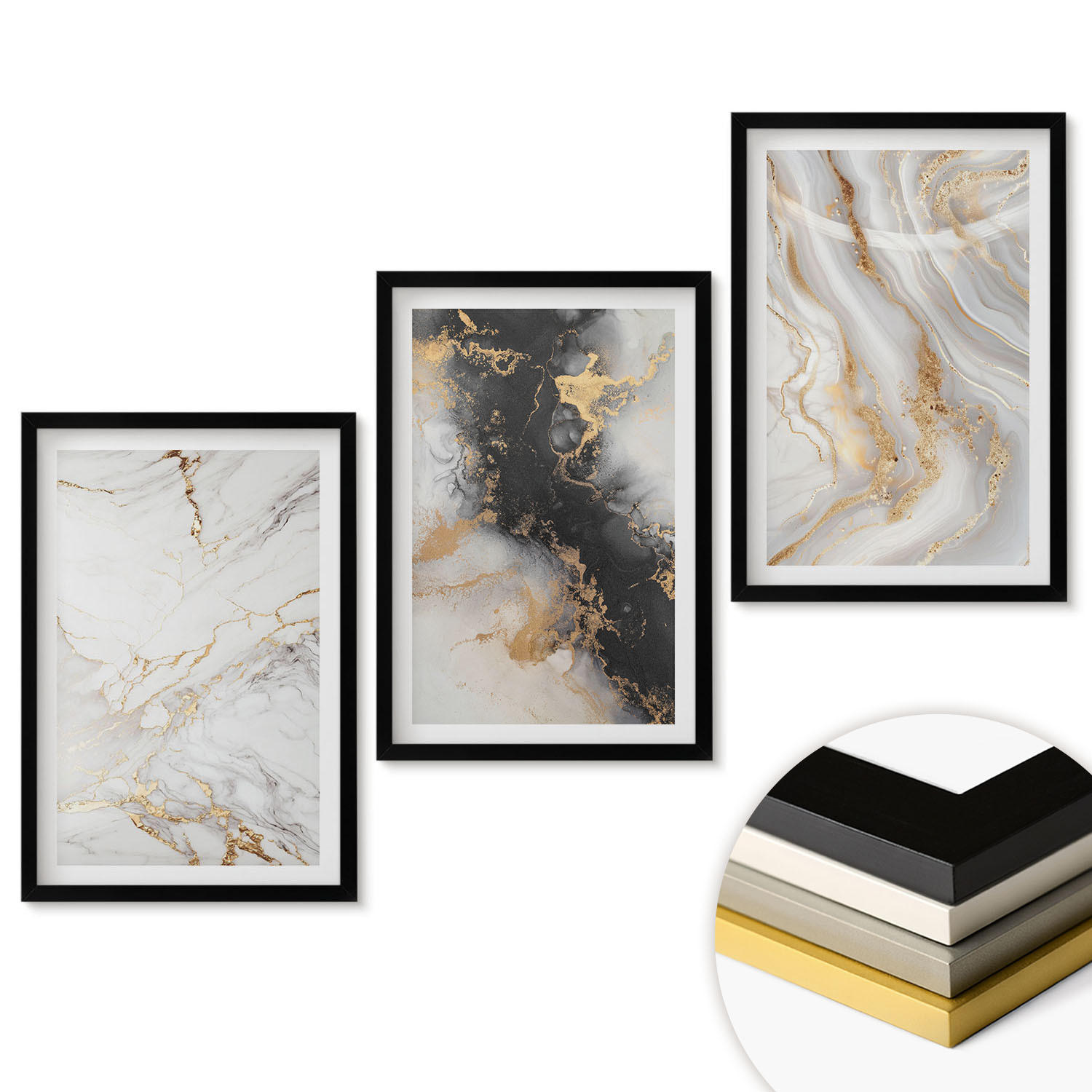 WANDBILDER 3er-Set - 40x60 cm Schwarzer Rahmen - Abstrakte weiß-schwarze Muster - Schwarz, Kunststoff (40/60cm) - ArtPrintCave