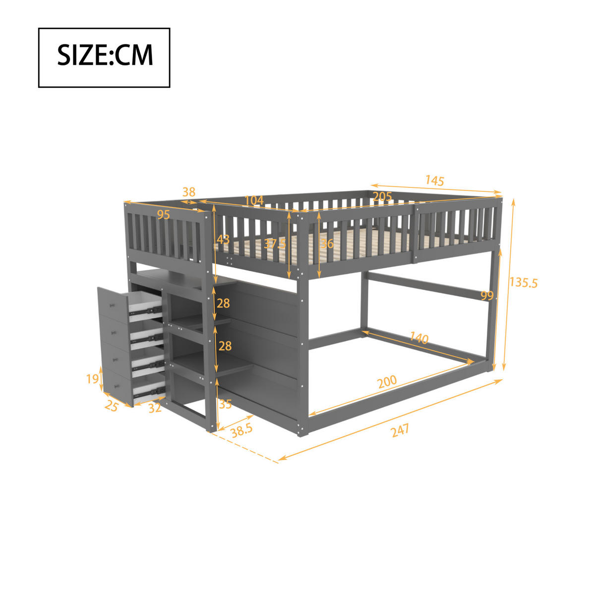 NIEDRIGES Etagenbett aus Kiefernholz 140x200 cm Grau mit 4 Schubladen und Sicherheitstreppe - Grau, Holzwerkstoff (140/200cm) - IVMEU