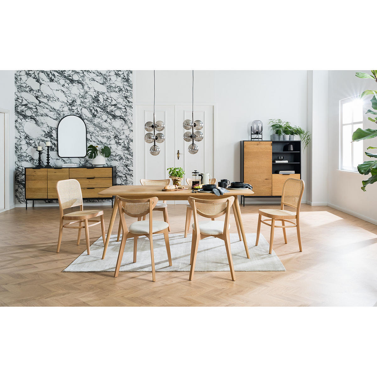 ESSZIMMERSTUHL - Rattan & Webstoff / Buche massiv, 2er-Set - Creme, Naturmaterialien (54/80/47cm) - home24