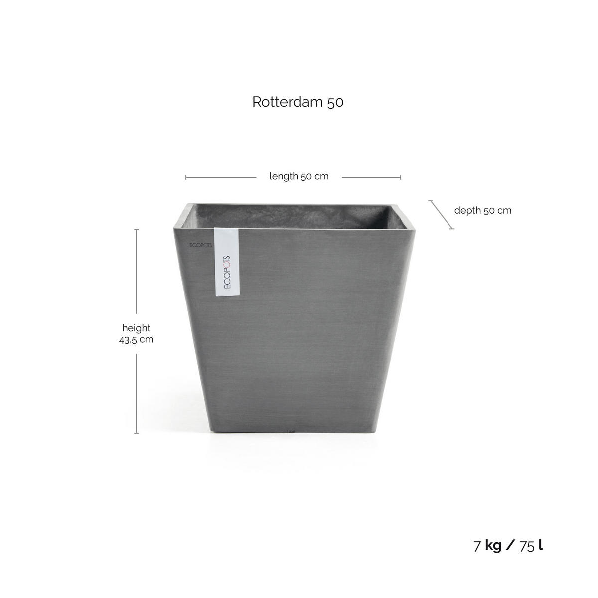 BLUMENTOPF Rotterdam 50/50/43,5 cm Grau - Grau, Kunststoff (50/43.5cm) - Ecopots