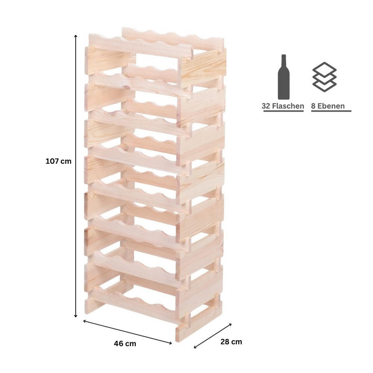 WEINREGAL VINOTECA FLEX PRO HxBxT 107x46x28cm 32 Flaschen auf 8 Ebenen Natur unbehandelt - Naturfarben, Holz (46/107/28cm) - PROREGAL