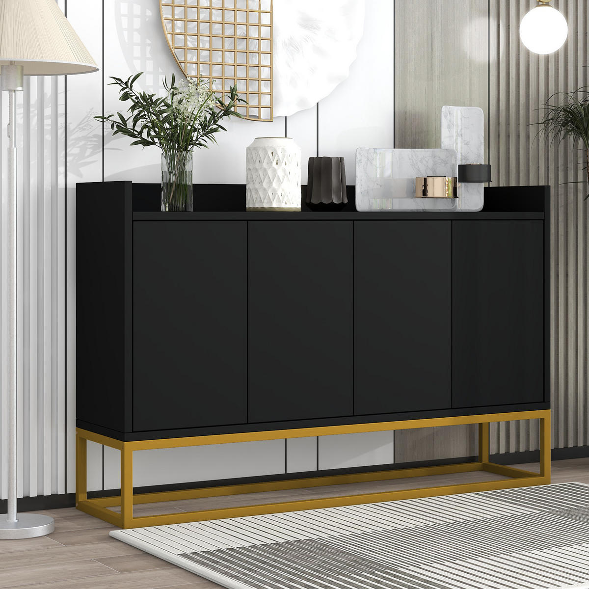 SIDEBOARD 4-türig 120 x 30 x 80 cm Schwarz mit verstellbaren Einlegeböden - Schwarz, Holzwerkstoff (120/80/30cm) - Meubliv