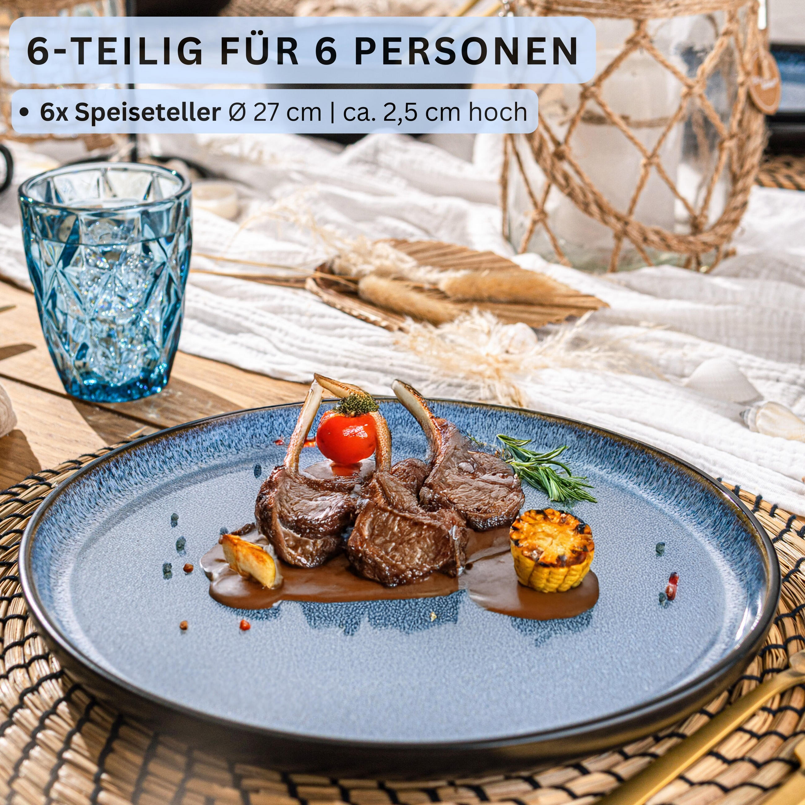 SPEISETELLER SET ARUBA - 6 teilig aus Steingut - Blau, Keramik (17cm) - Sänger