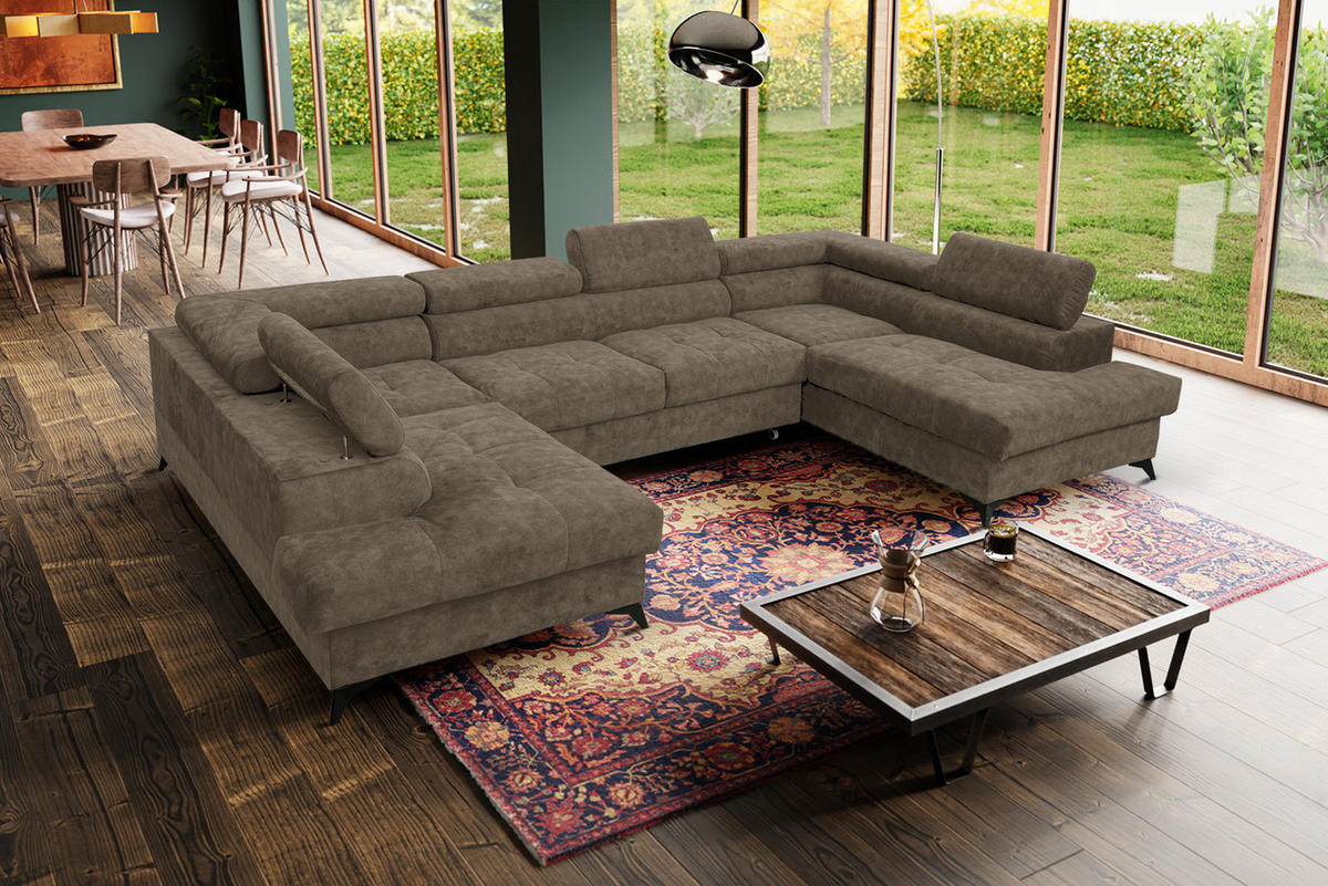 WOHNLANDSCHAFT Palermo in U-Form, braun, Stoff Sally, mit Schlaffunktion und zwei Bettkästen, 345 x 202 cm - Braun, Kunststoff (345/87/202cm) - Margaret Hadas24