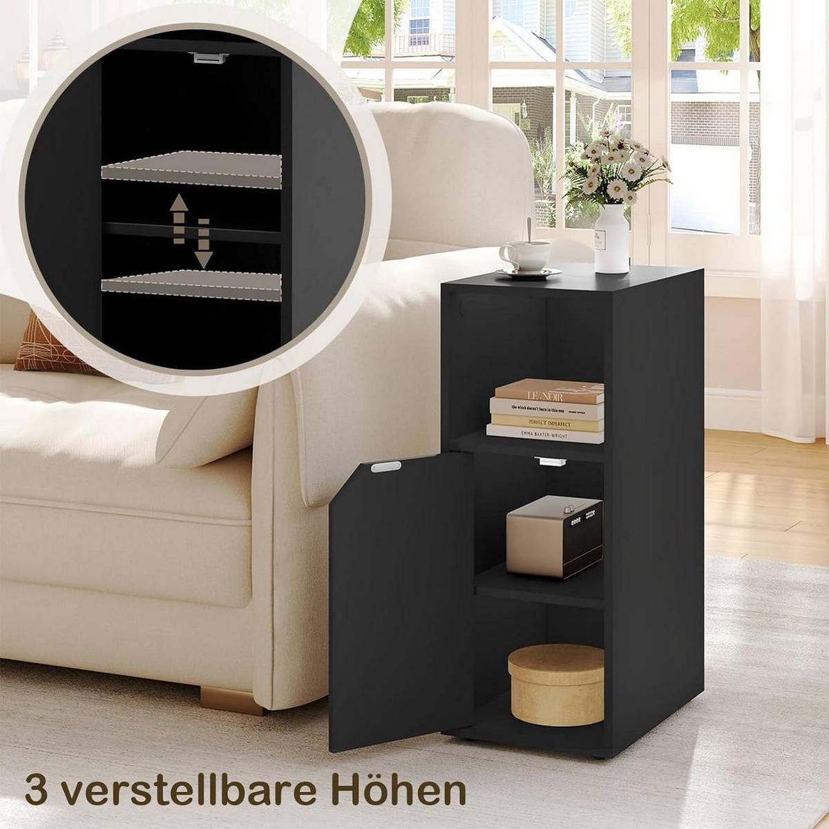 NACHTTISCH 2er Set schmal, mit offenem Fach und Tür, Schwarz - Schwarz, Holzwerkstoff (25/62/35cm) - Woltu
