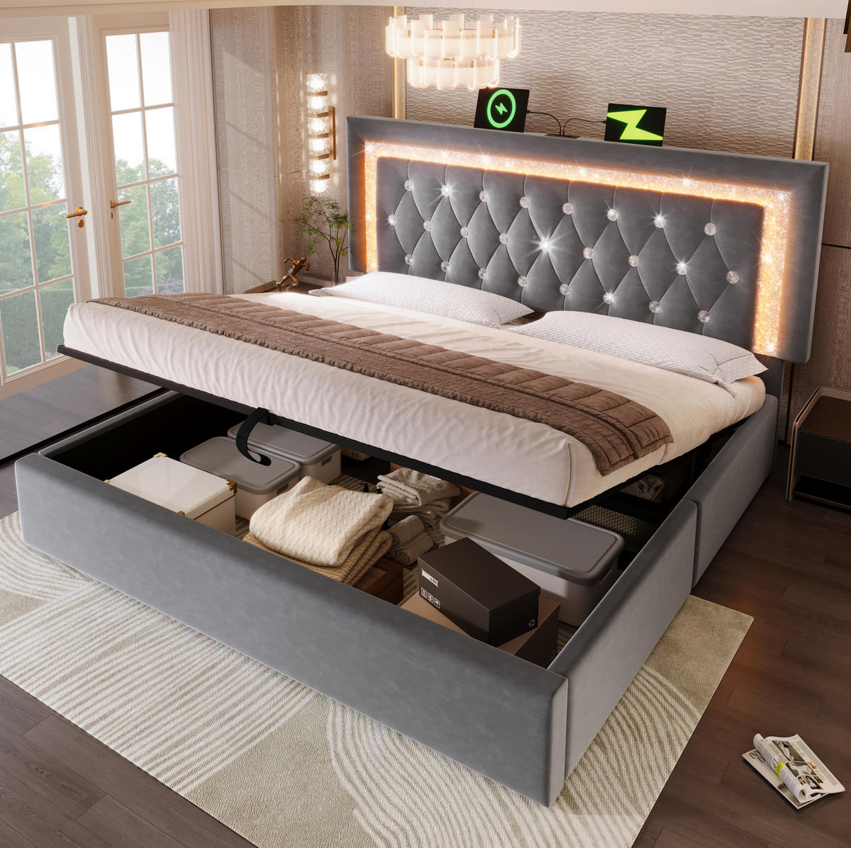 POLSTERBETT mit Bettkasten 160x200 cm Samt Grau mit LED und USB - Grau, Metall (160/200cm) - Meubliv