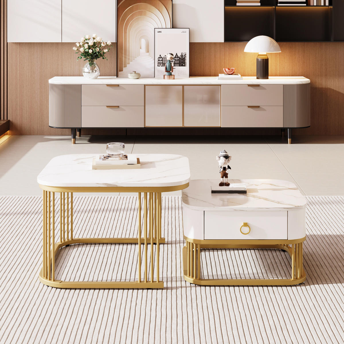 COUCHTISCH-SET in Weiß mit Schubladen und goldenen Beinen für Wohnzimmer, B60/T60/H45 cm - Goldfarben/Weiß, Holzwerkstoff (60/60/45cm) - STILVORA