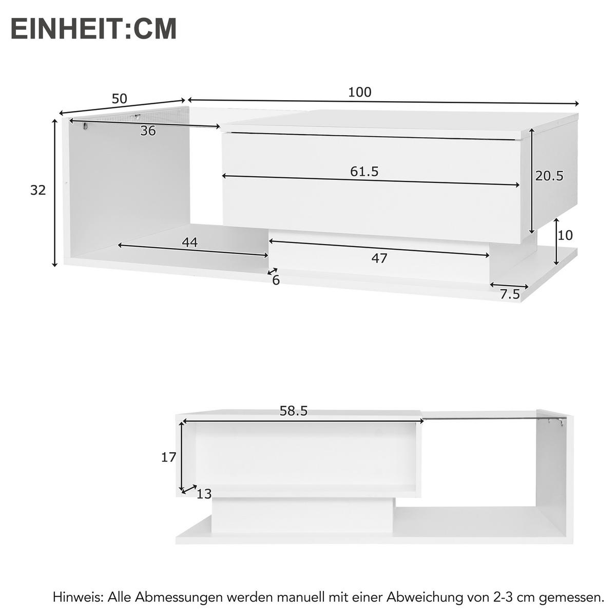 COUCHTISCH mit Schublade 100x50x32 cm Weiß Glas mit LED - Weiß, Holzwerkstoff (100/50/32cm) - Meubliv