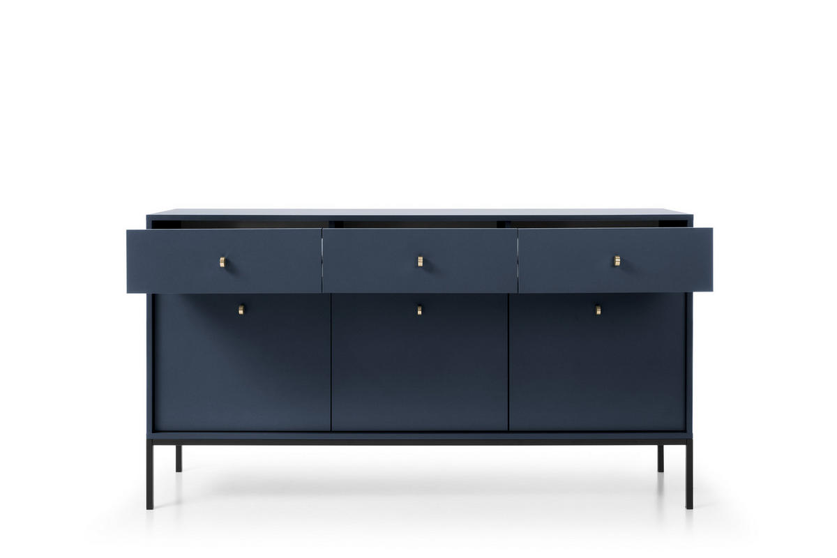 KOMMODE Molly Dunkelblau, Schwarze Beine, Dreitürige mit Schubladen - Schwarz/Dunkelblau, Holzwerkstoff/Metall (154/83/39cm) - Bettso
