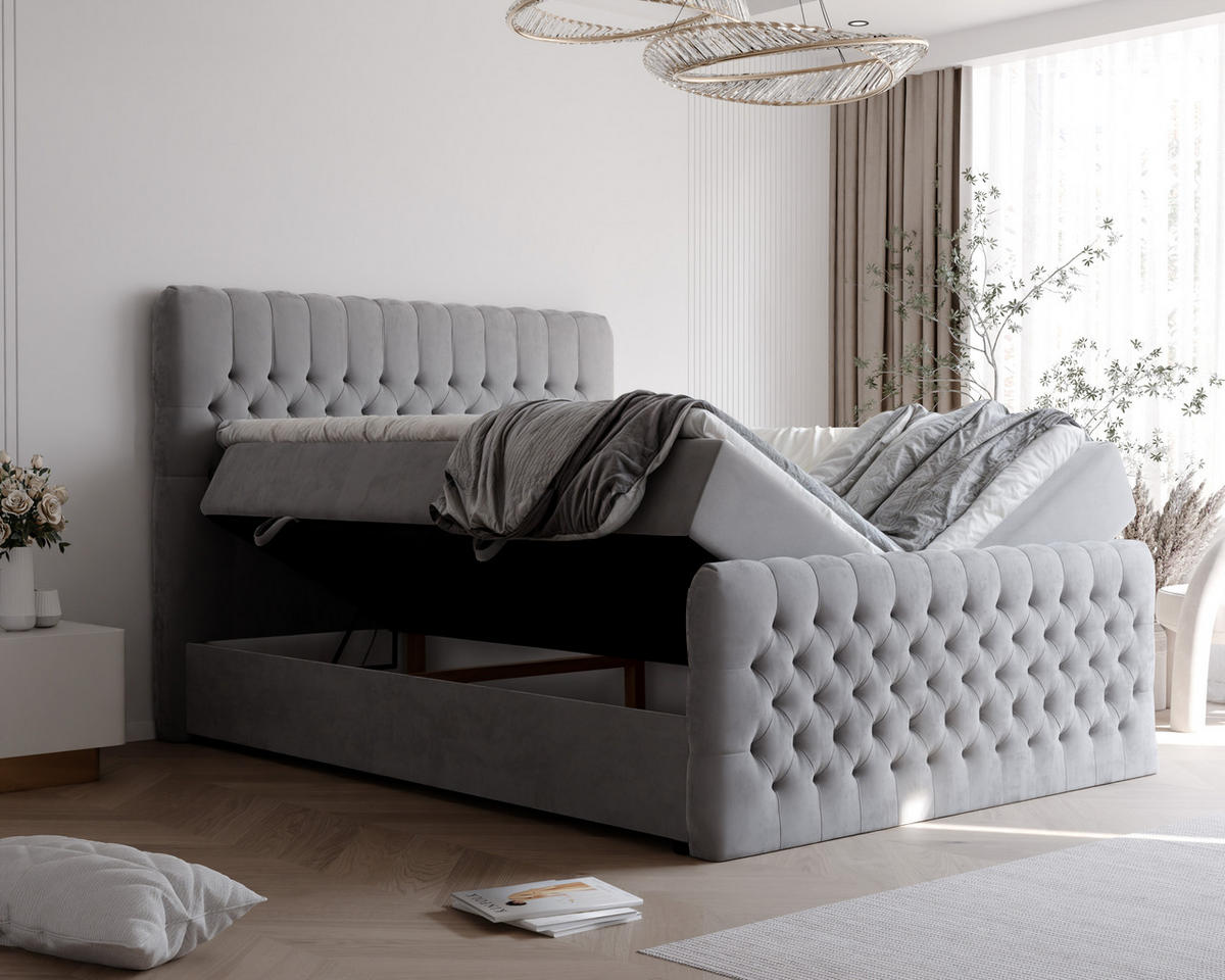 BOXBETT ALBA PLUS 120/200 cm mit Matratze und Topper, Hellgrau - Hellgrau, Textil (120/200cm) - Idohome