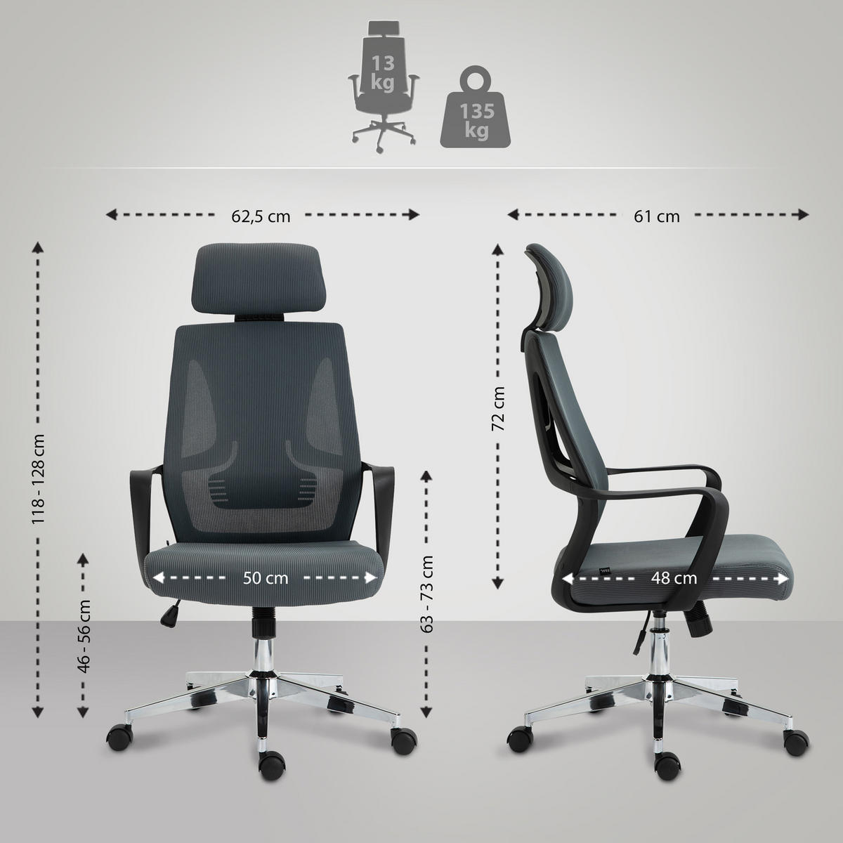BÜROSTUHL Strix grau - Chromfarben/Grau, Kunststoff/Metall (62.5/128/61cm) - TPFLiving