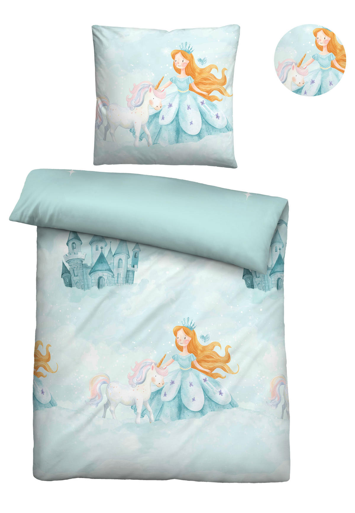 BETTWÄSCHE-GARNITUR Biber Prinzessin Einhorn ciel, 135x200 cm + 80x80 cm - Hellblau, Textil (135/200cm) - biberna