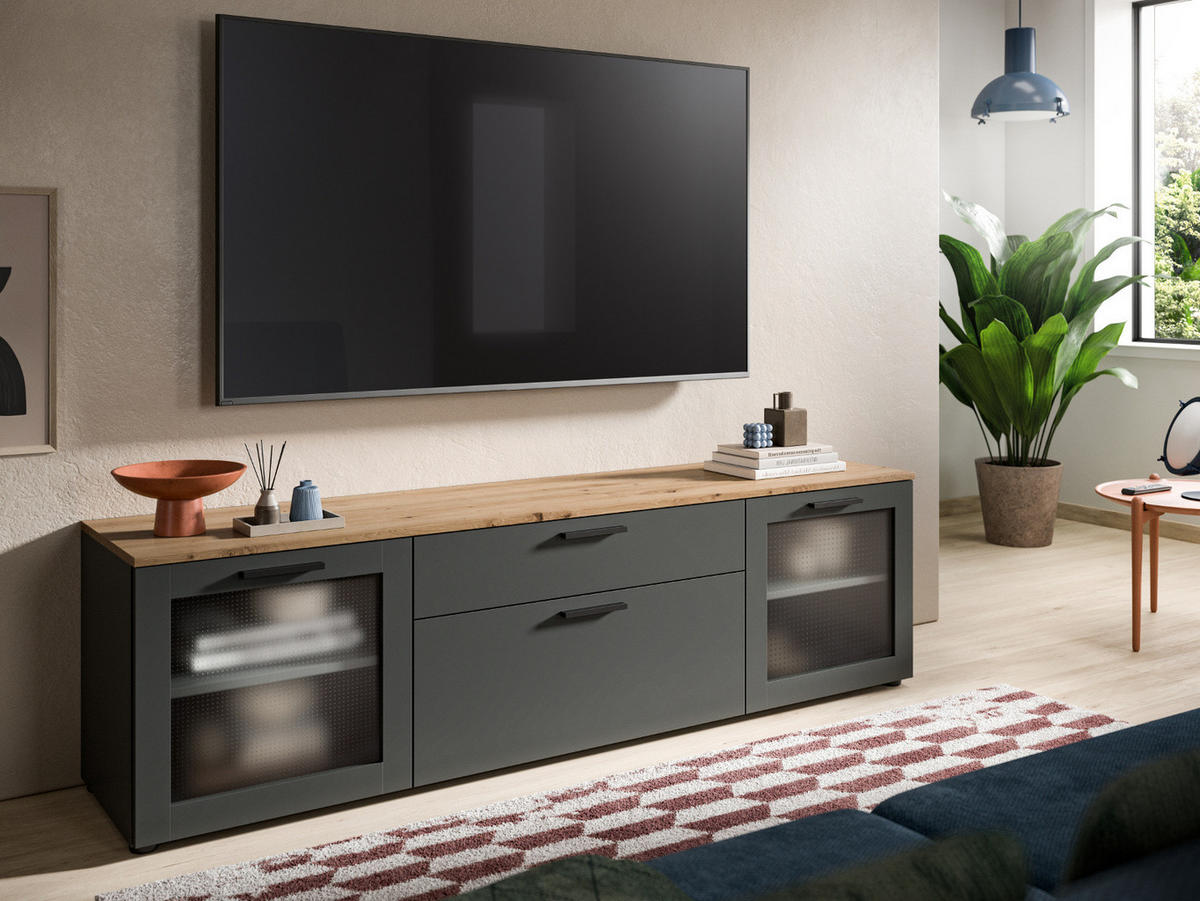 TV-LOWBOARD grau, Eiche 185 cm, TV-Unterteil mit Soft-Close - Schwarz/Eiche Artisan, Glas/Holzwerkstoff (185/52/40cm) - Inn.Furn