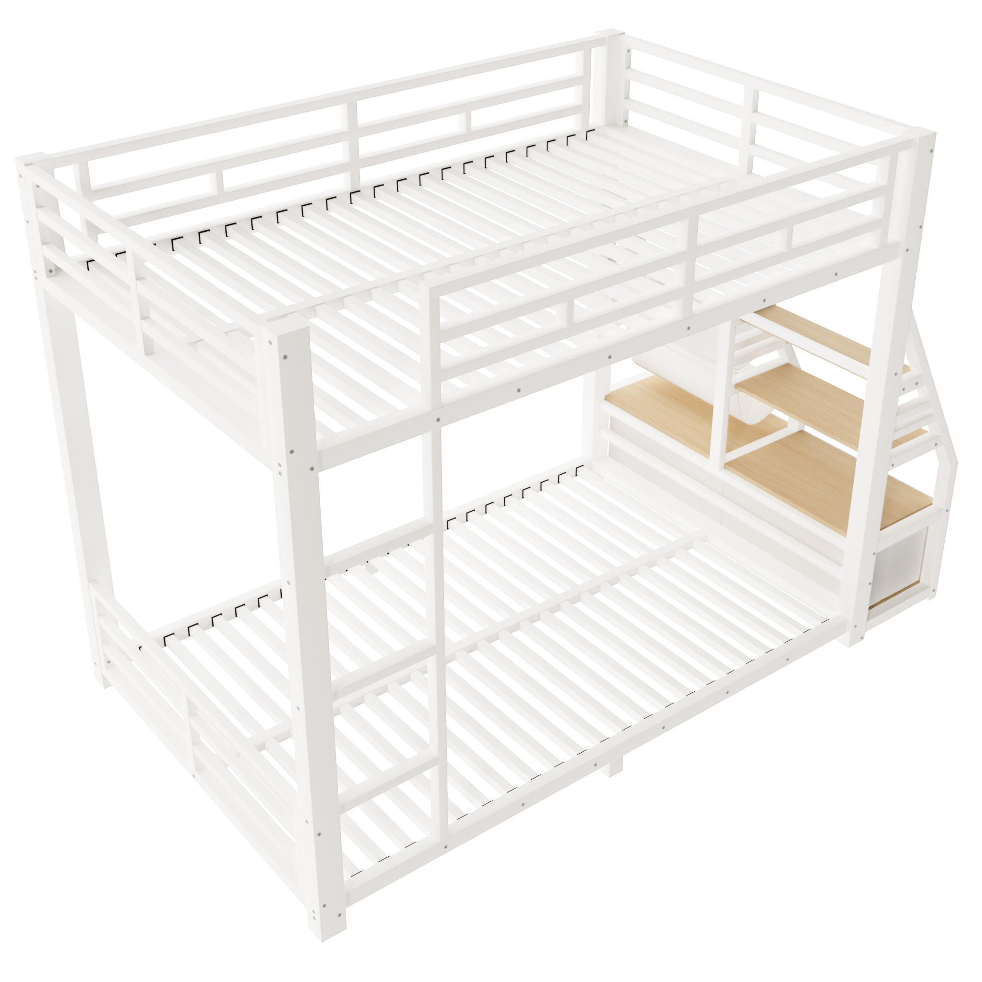 METALL ETAGENBETT 90/200 cm in Weiß mit LED, Ablagen und 2 Stoffschubladen - Weiß, Holzwerkstoff/Metall (90/200cm) - WISHDOR