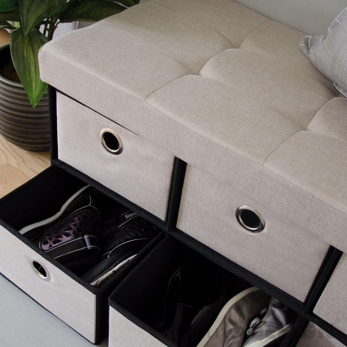SITZBANK Faltbar, 76/38/38 cm, mit 6 Schubladen, 80 Liter, Beige-Grau - Grau, Textil (38/38/76cm) - Dunedesign