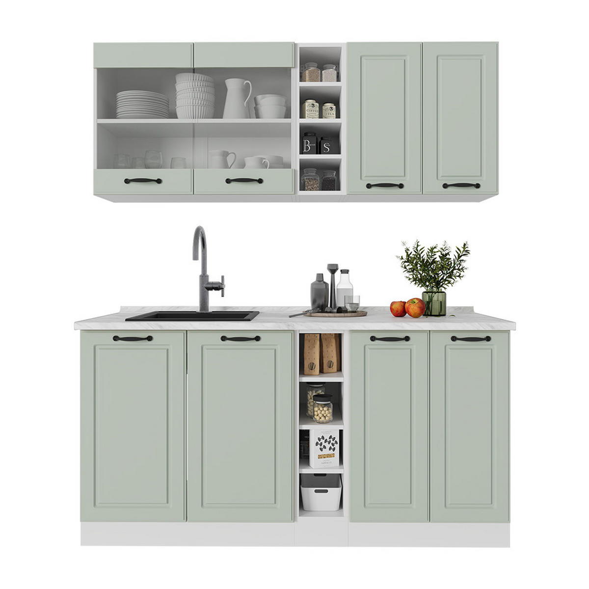 SINGLEKÜCHE R-Line, Mint Landhaus/Weiß, 160 cm ohne Arbeitsplatte - Weiß/Grün, Holzwerkstoff (160/81.6/46cm) - Vicco