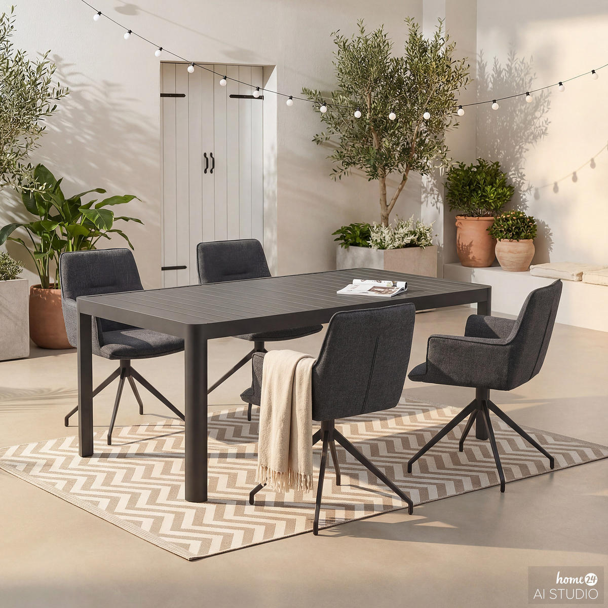 GARTENESSGRUPPE - 5-teilig - Stahl / Polyester - Dunkelbraun, Textil/Metall - home24