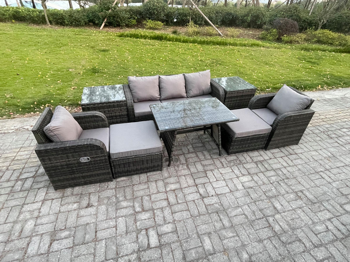 GARTENMÖBEL SET mit COUCHTISCH Polyrattan Dunkelgrau 7-Sitzer - Dunkelgrau/Grau, Glas/Kunststoff - Fimous