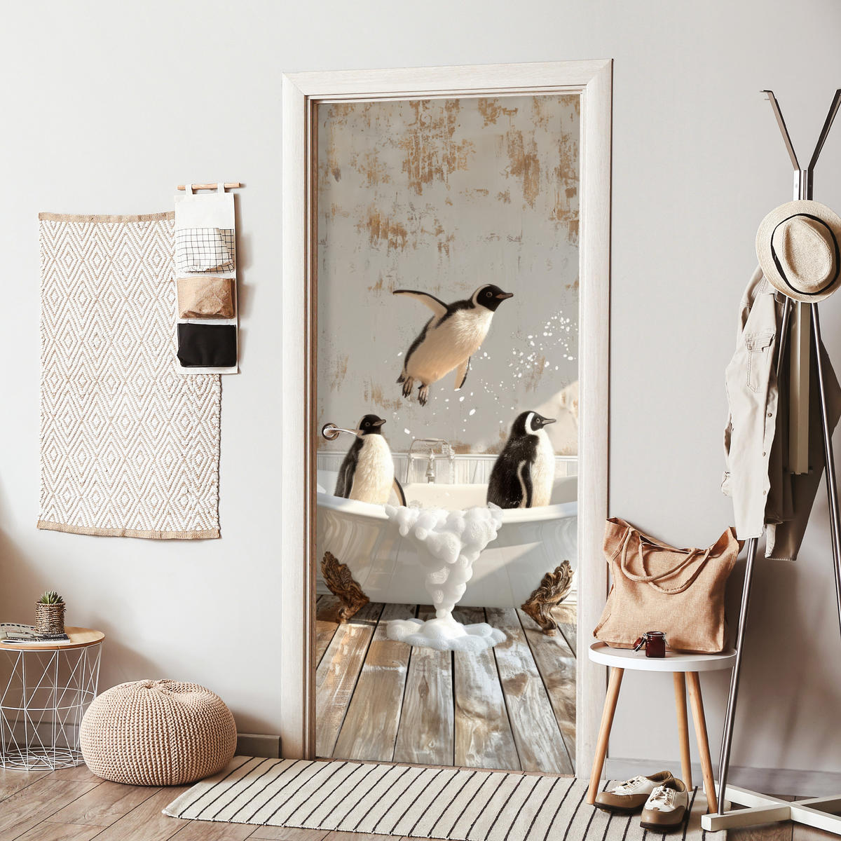 FOTOTAPETE Tür - Vintage - Pinguin - Badewanne - Schaumstoff 95x215 cm - Hellbraun, Kunststoff (95/0.1cm) - MuchoWow