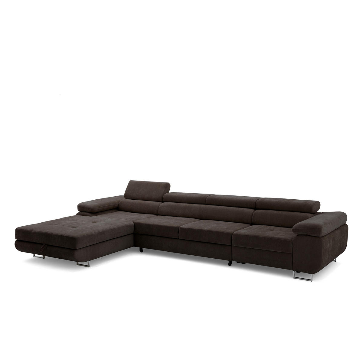 ECKSOFA ALONZO MAXI Links mit Schlaffunktion 125x195 Chenille Dunkelbraun - Chromfarben/Dunkelbraun, Holz/Textil (350/203cm) - Muffo