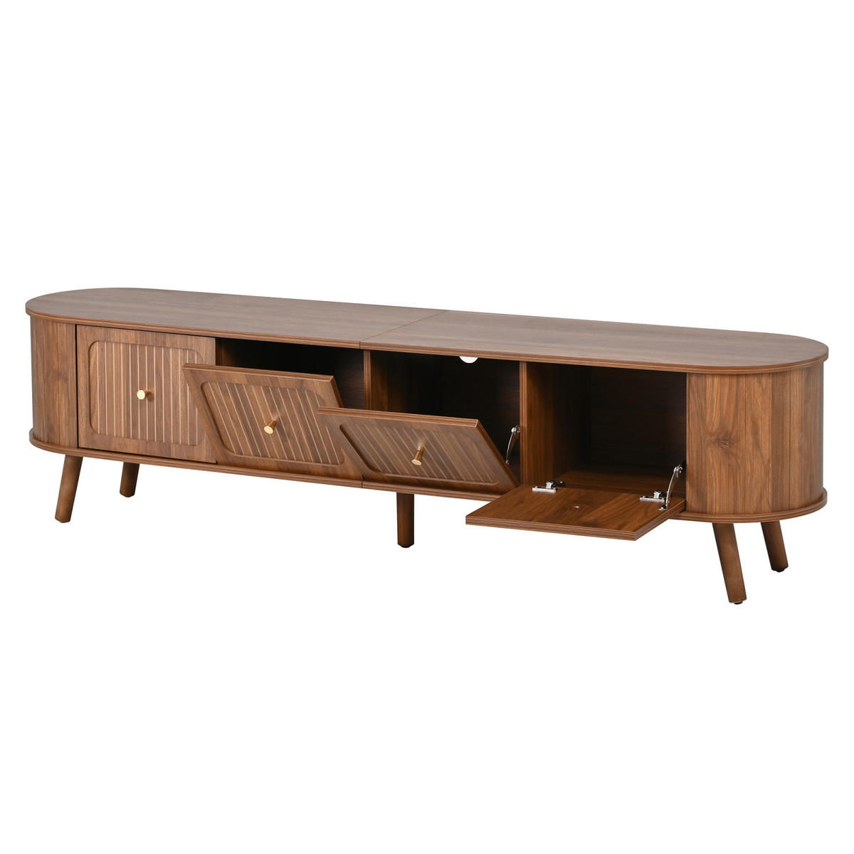 TV-LOWBOARD 180 x 38 x 47 cm, 4 Türen, goldene Griffe, Holzfüße, Walnuss - Walnussfarben, Holzwerkstoff (180/47/38cm)