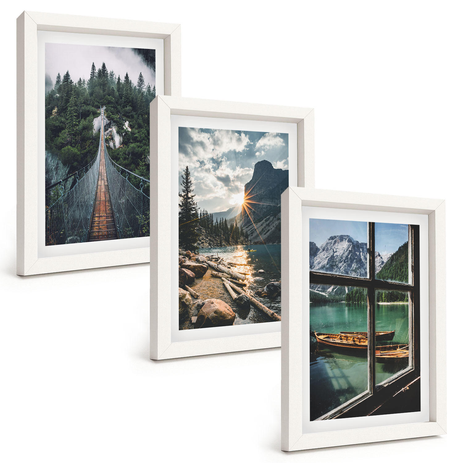BILDER SET 3er Set - 20x30 cm Weißer Rahmen - Brücke, Wald, See, Boote, Berge - Weiß, Kunststoff (20/30cm) - TULUP