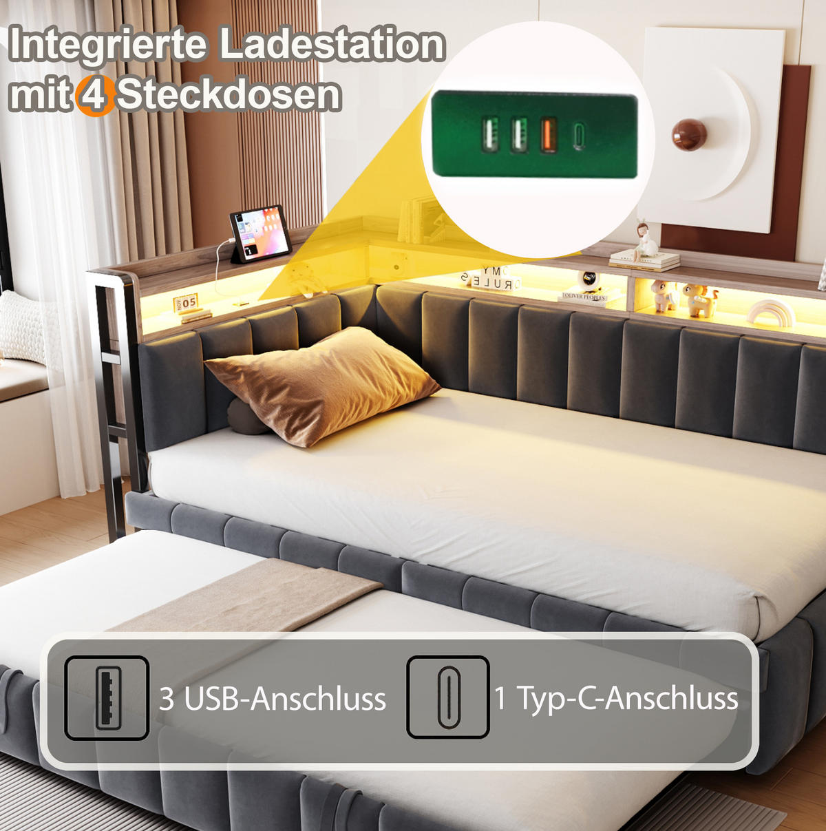 POLSTERBETT Schlafsofa aus Samt 90x200 cm Grau mit Ausziehbett, LED-Beleuchtung, USB- und Typ-C-Anschlüssen - Grau, Textil (90/200cm) - Modfu