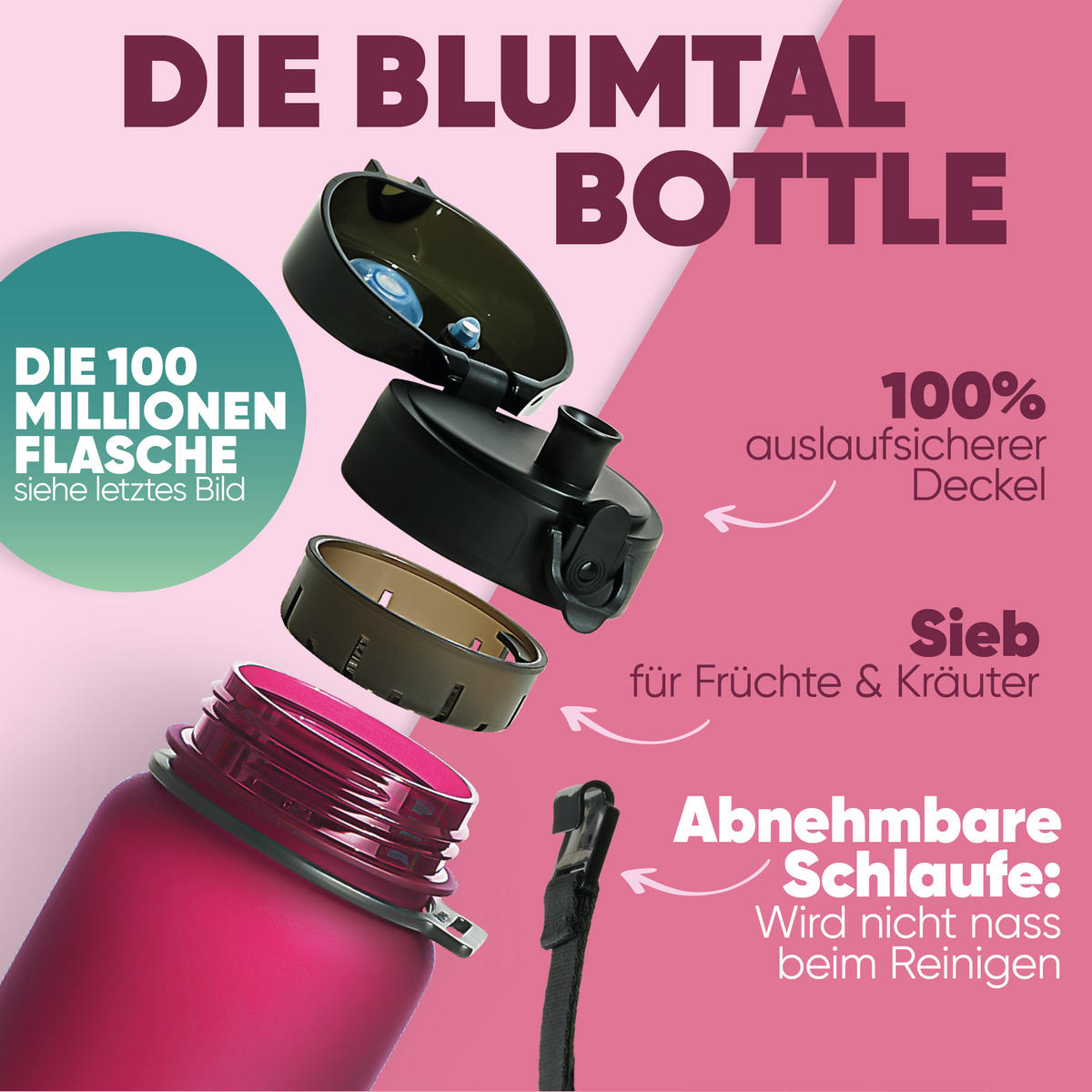 TRINKFLASCHE 1L - auslaufsichere - 1-Klick-Verschluss - BPA - freie - Lila - Lila, Kunststoff (1L) - Blumtal