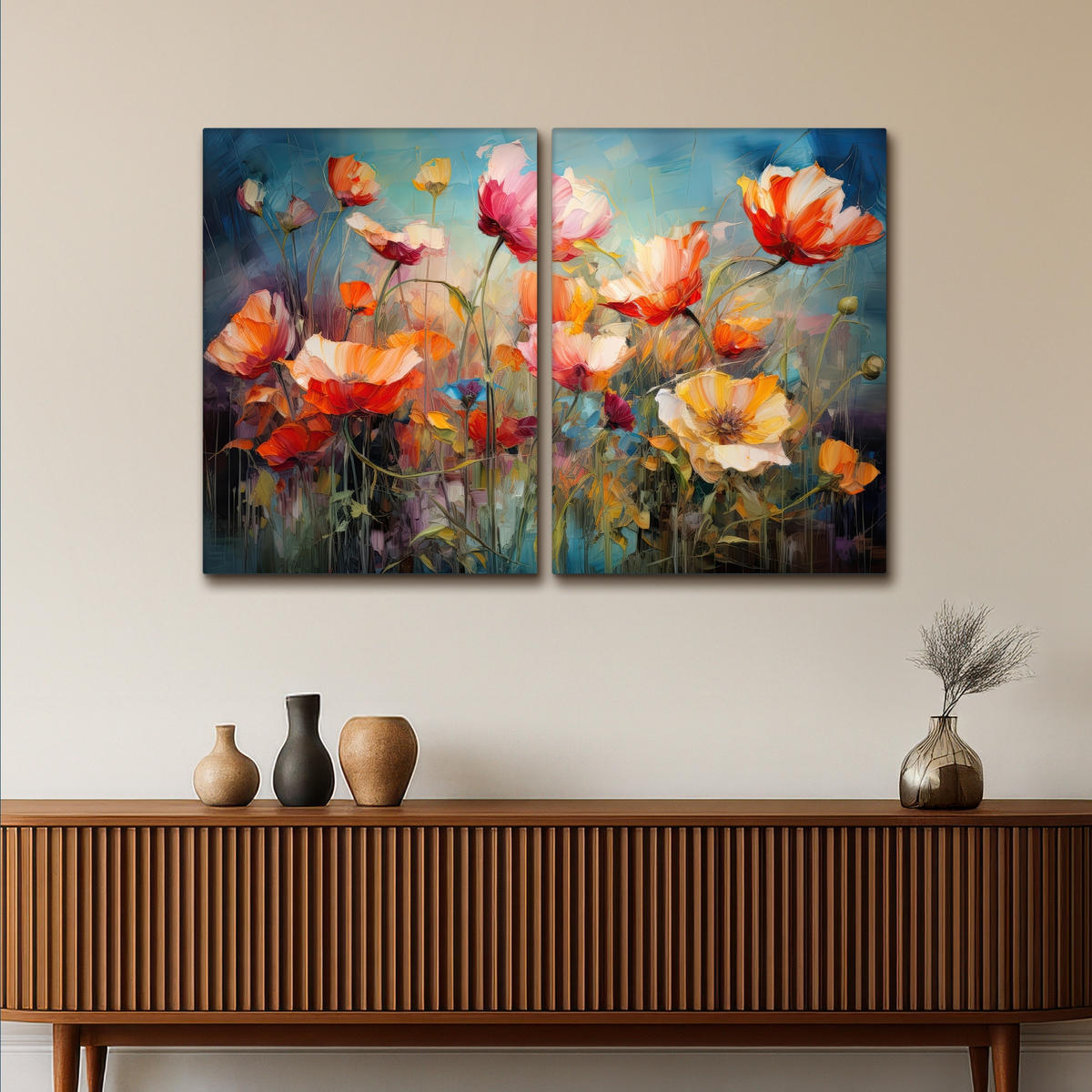 LEINWANDBILD 2er Set Blumen - Bunt - Abstrakt 100x70 cm - Blaugrau, Textil (100/70cm) - MuchoWow