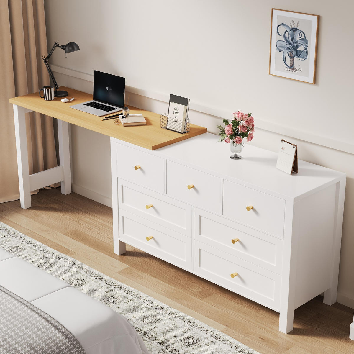 PSACÍ stůl z dřevotřísky 120x40x70 cm bílý/dubový dekor s otočnou deskou 360° a 7 zásuvkami, 2 v 1 - bílá, kompozitní dřevo (120/70/40cm) - Modfu