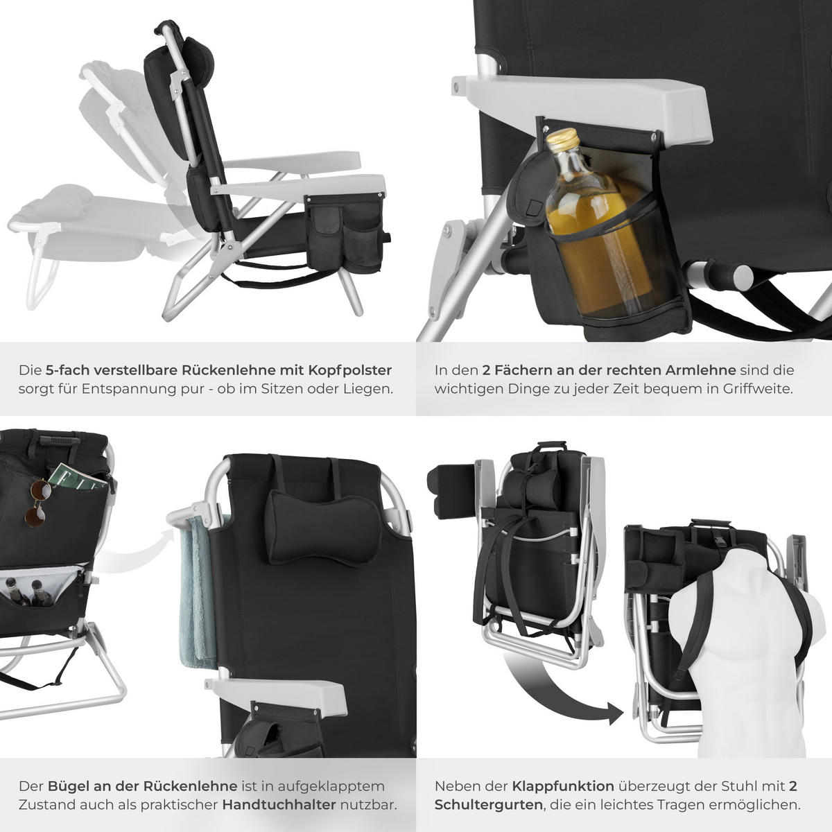 STRANDSTUHL Coral, rückseitige Kühltasche und Aufbewahrungstasche, schwarz - Schwarz, Kunststoff (63/78/101cm) - tectake