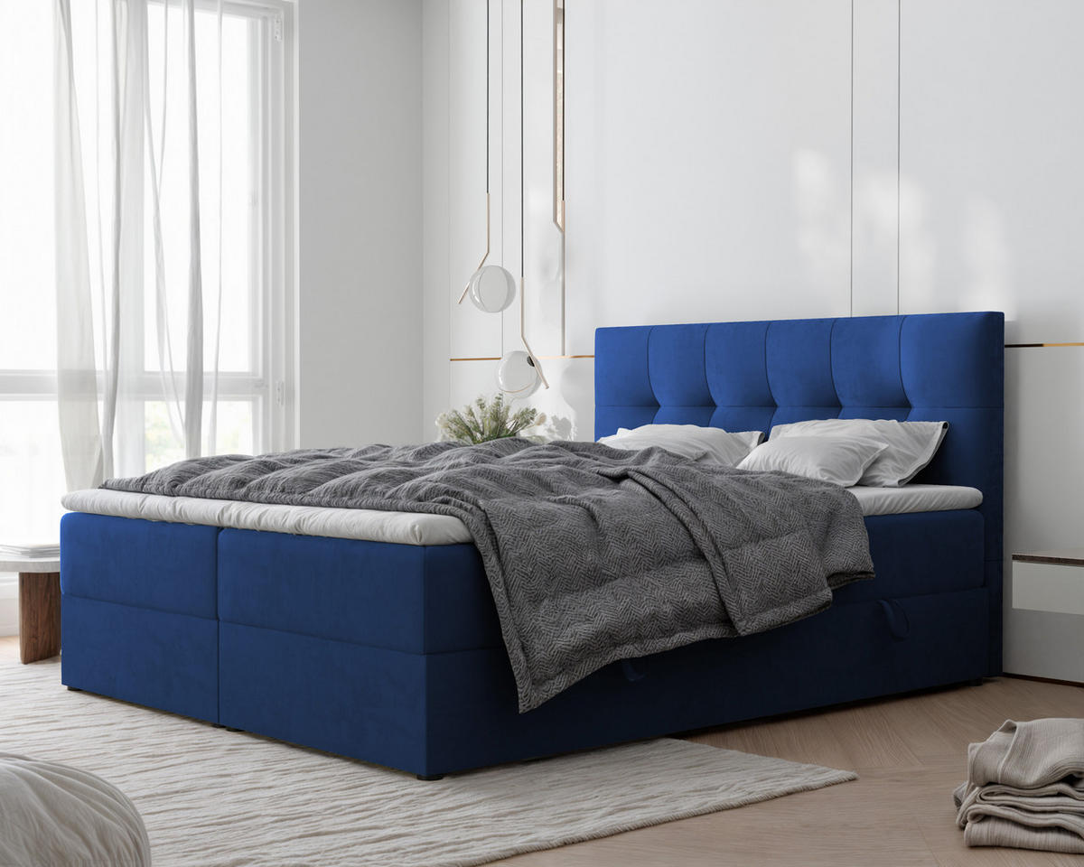 BOXBETT RENZO 200/200 cm mit Matratze und Topper, Dunkelblau - Dunkelblau, Holzwerkstoff/Textil (200/200cm) - Idohome