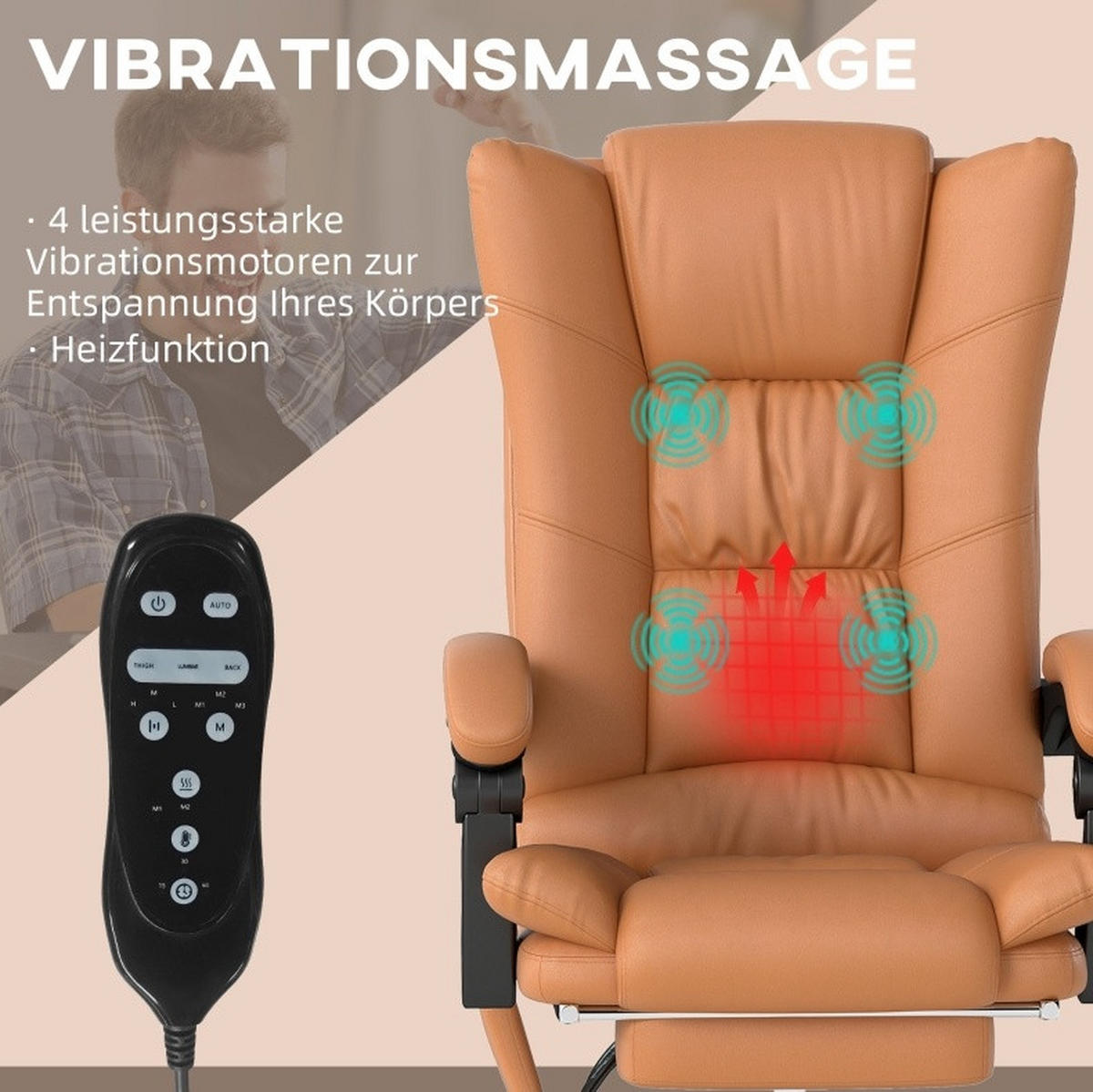 BÜROSTUHL in Braun 70x64x118 cm mit Massage, Wärmefunktion und verstellbarer Rückenlehne - Braun, Kunststoff (64/118/70cm) - IVMEU