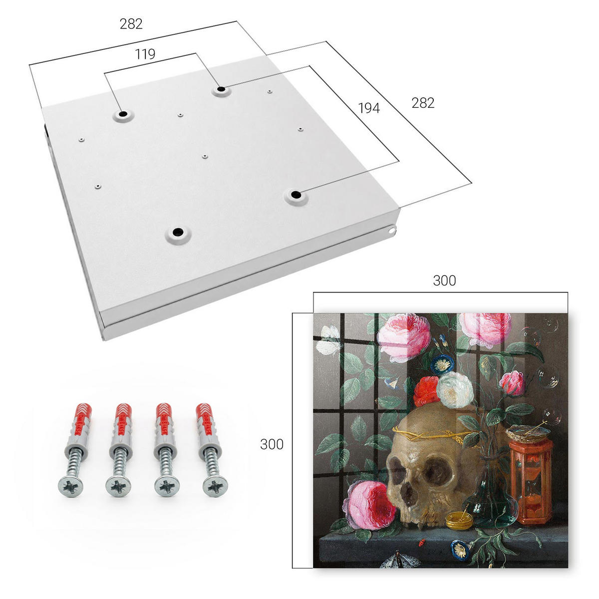 SCHLÜSSELBOX Weiß 30x30 cm – Türöffnung nach rechts - Totenkopf und Blumen - Grün, Metall (30/30/5cm) - TULUP
