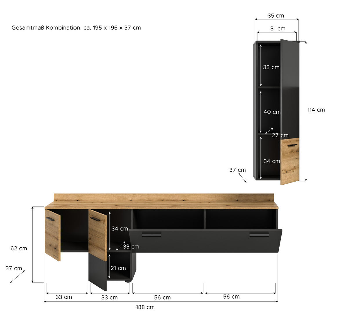WOHNWAND grau, Evoke Eiche 195 cm, Schrankwand mit Soft-Close - Eichefarben/Schwarz, Holzwerkstoff/Kunststoff (195/196/37cm) - Inn.Furn