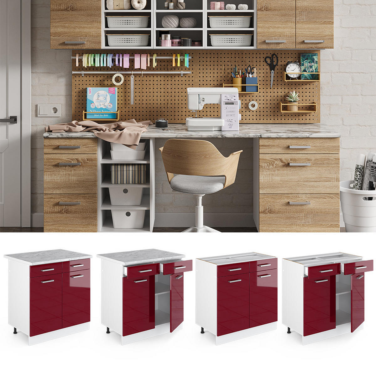 UNTERSCHRANK R-Line Bordeaux Hochglanz 80 cm mit Schubladen und Türen mit AP - Bordeaux/Weiß, Holzwerkstoff (80/81.6/60cm) - Vicco