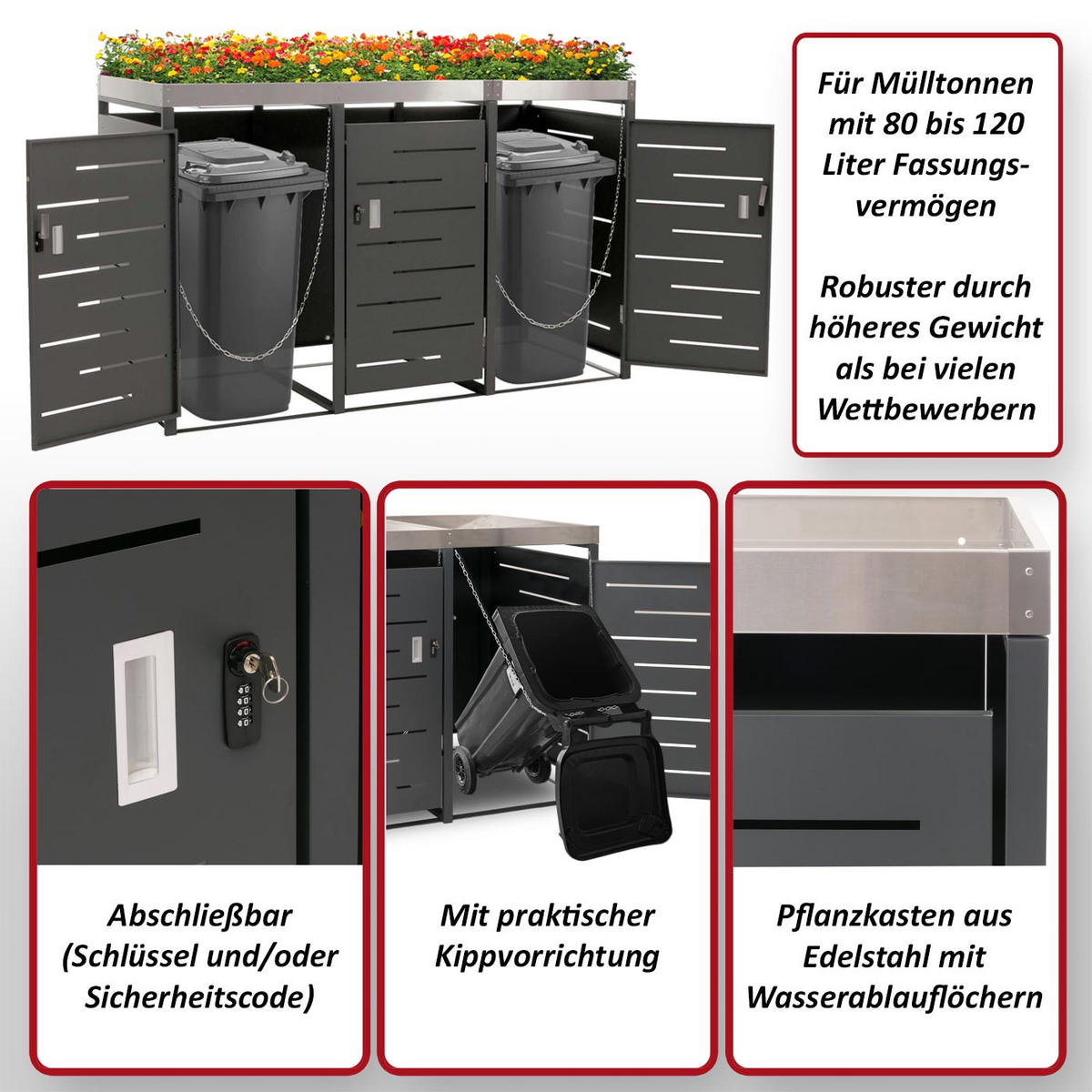 3ER-MÜLLTONNENVERKLEIDUNG Anthrazit - Anthrazit, Metall (198/125/84cm) - Jamb