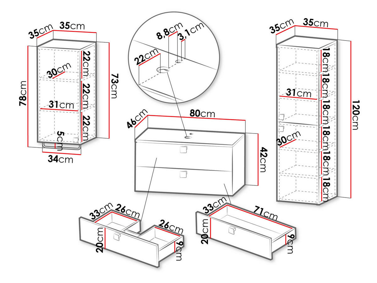 BADMÖBEL-SET Gariano I - Sandfarben/Goldfarben, Holzwerkstoff/Kunststoff (80/42/46cm) - MIRJAN24