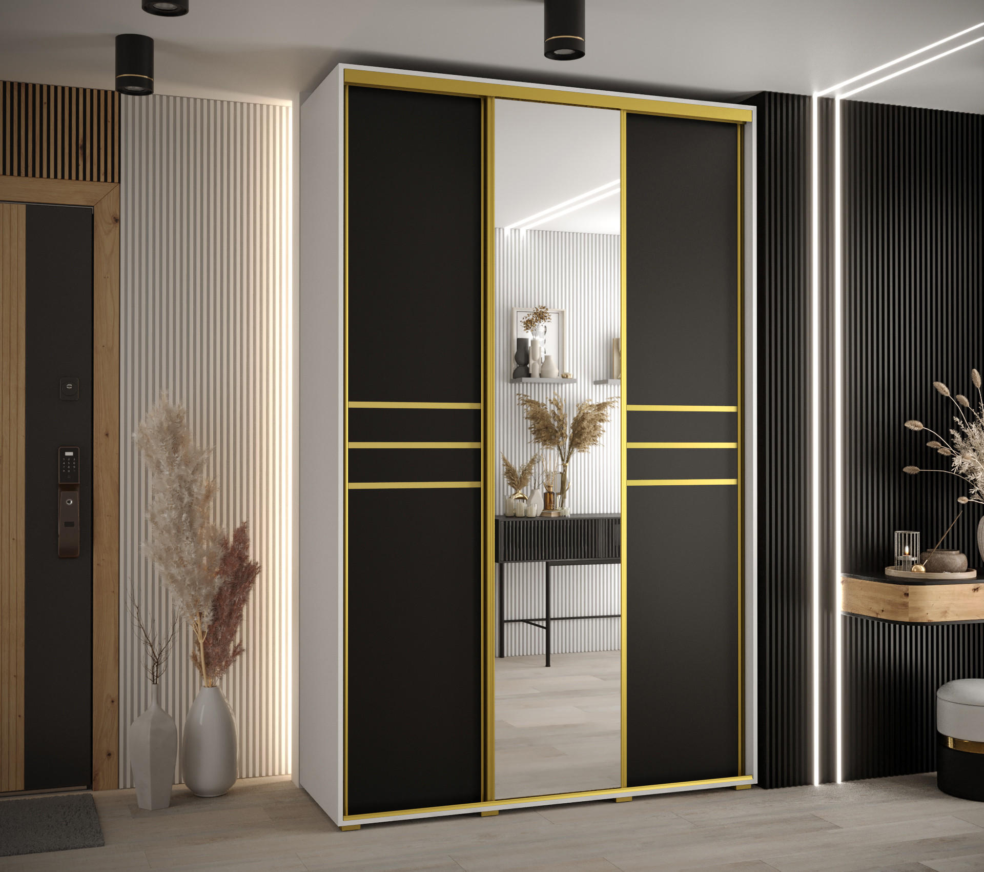 SCHWEBETÜRENSCHRANK 235,2/150/45 3-türig - Goldfarben/Schwarz, Holz/Metall (150/235/45cm) - Abiks Möbel