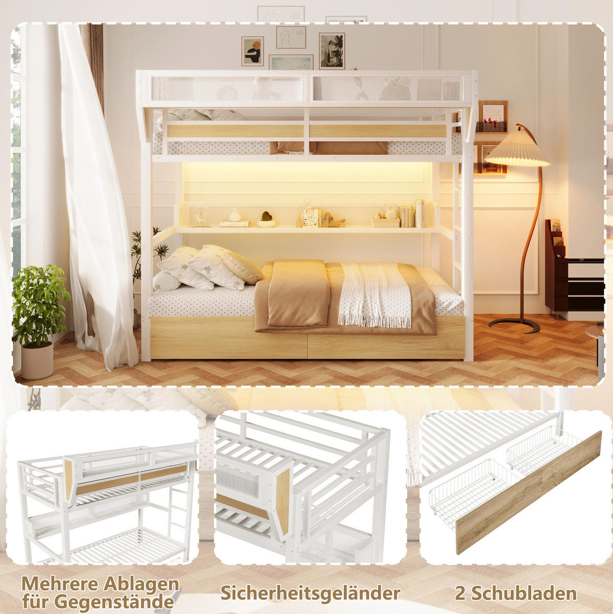HOCHBETT aus Metall und MDF 90x200 cm Weiß mit 2 Schubladen, Regal, Aufbewahrungskorb und LED-Licht - Weiß, Holzwerkstoff (90/200cm) - Modfu
