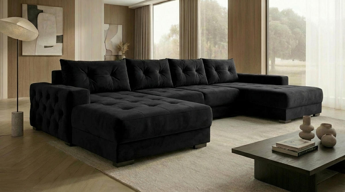 ECKSOFA MODENA 320 cm x 185 cm – Stoff: VELUTTO Schwarz 20 Farbe: Schwarz - Schwarz, Textil (320/185cm) - A&J MöbelLand