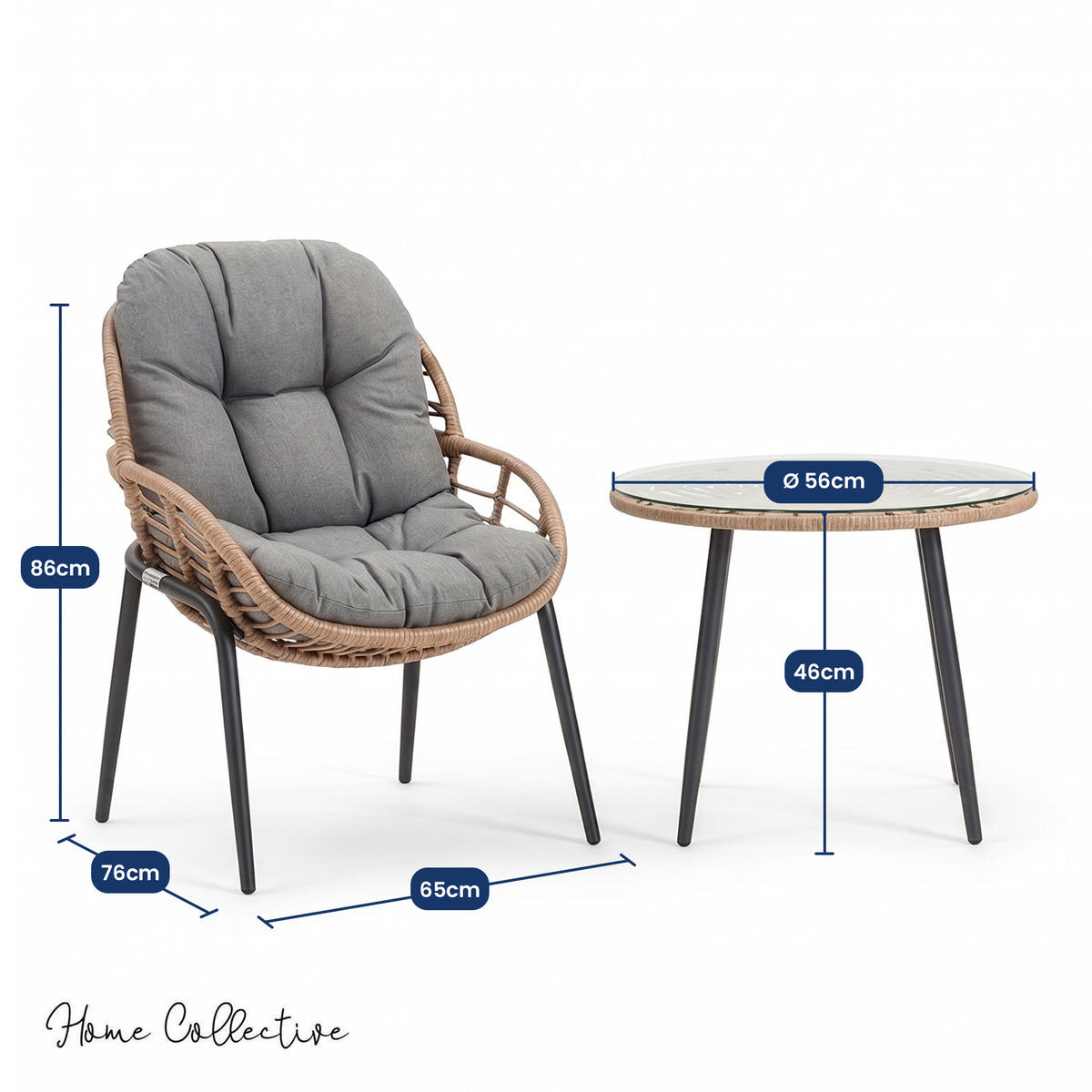 GARTENMÖBEL-SET mit 1 Beistelltisch und 2 Esszimmerstühlen. schwarz. grau und Eiche natur - Schwarz/Naturfarben, Metall - Home Collective