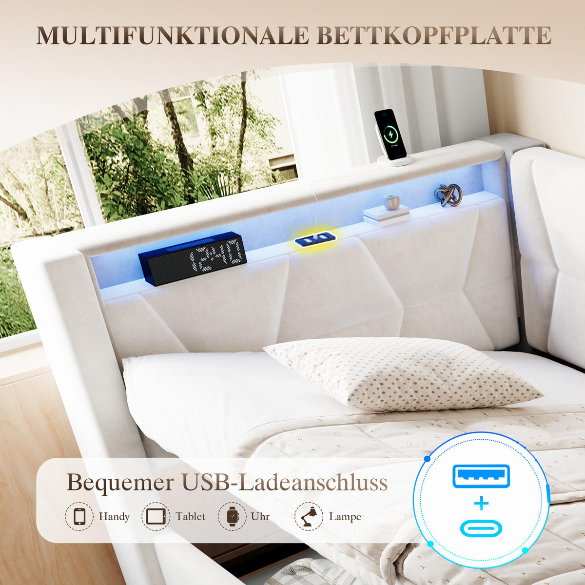 BOXBETT 90/200cm, LED/USB-C, Bettkasten, Lattenrost, Beige - Beige, Holz/Metall (90/200cm) - LVHOM