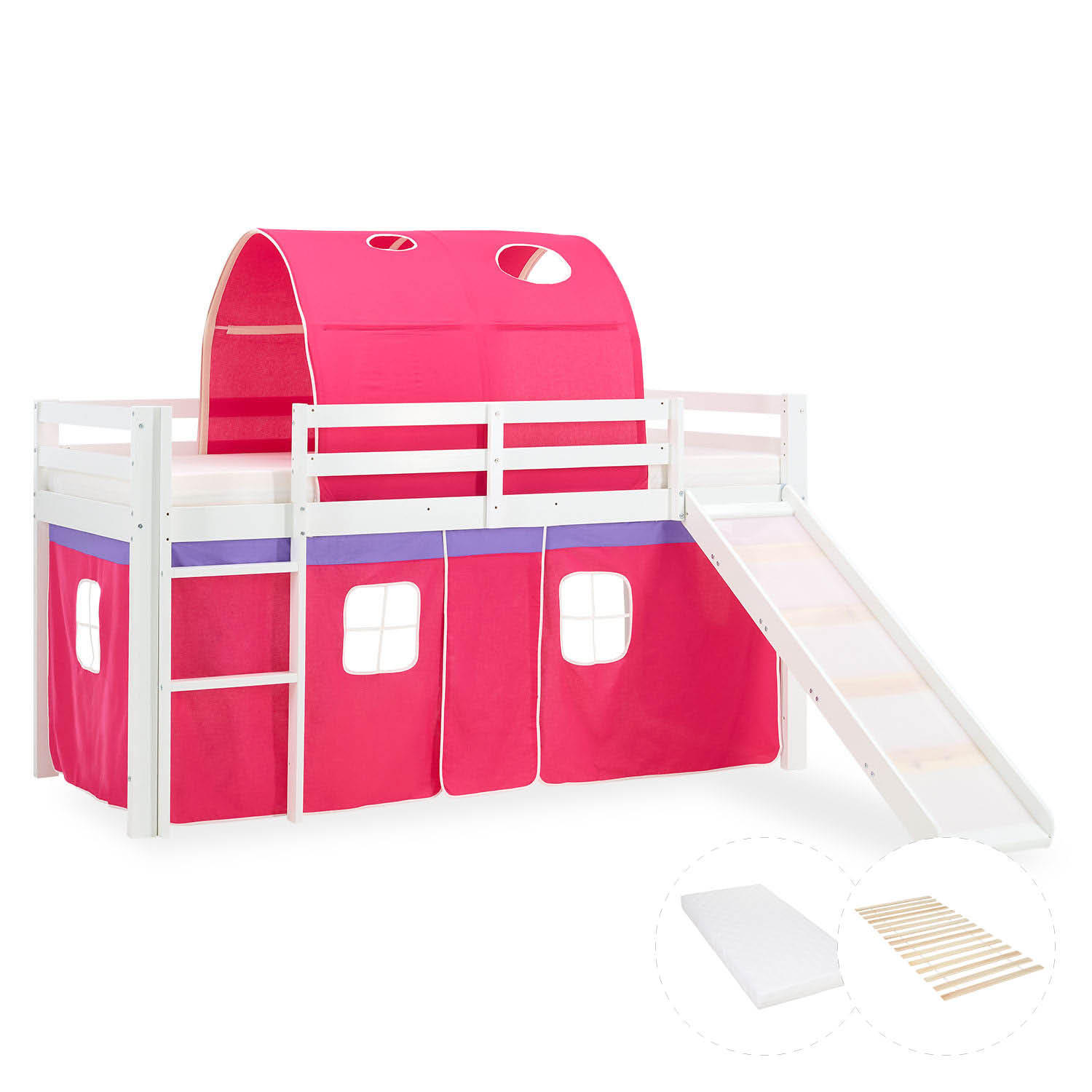 HOCHBETT 90/200 cm in Weiß mit Lattenrost + Matratze - Pink/Weiß, Holz (90/200cm) - Homestyle4u