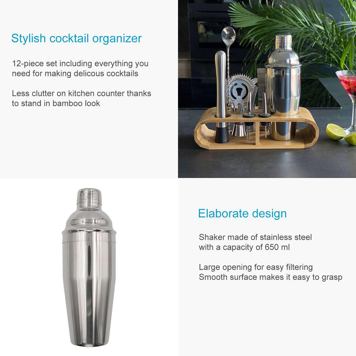 COCKTAIL-SHAKER Set mit Bambus-Ständer (12-tlg.) - Silberfarben, Metall (10.5/25.5/27.5cm) - Intirilife