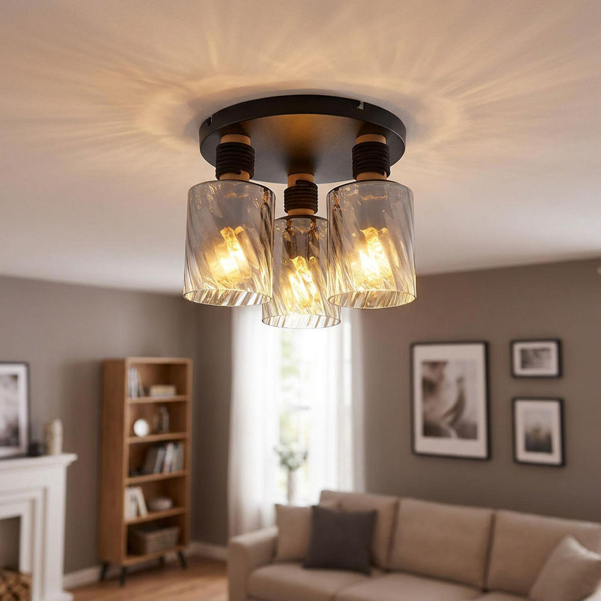 LED DECKENLEUCHTE Metall Rauchglas Schwarz - Schwarz, Holz (31.1/32/25.4cm) - Globo Lighting
