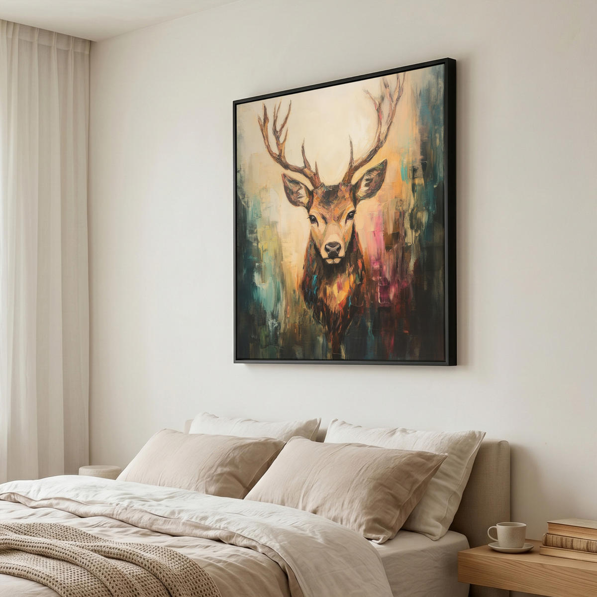 LEINWAND Bilder mit Rahmen - Hirsch - Gemalt - Geweih - Braun - 90x90 - Haselnussfarben, Textil (90/90cm) - MuchoWow